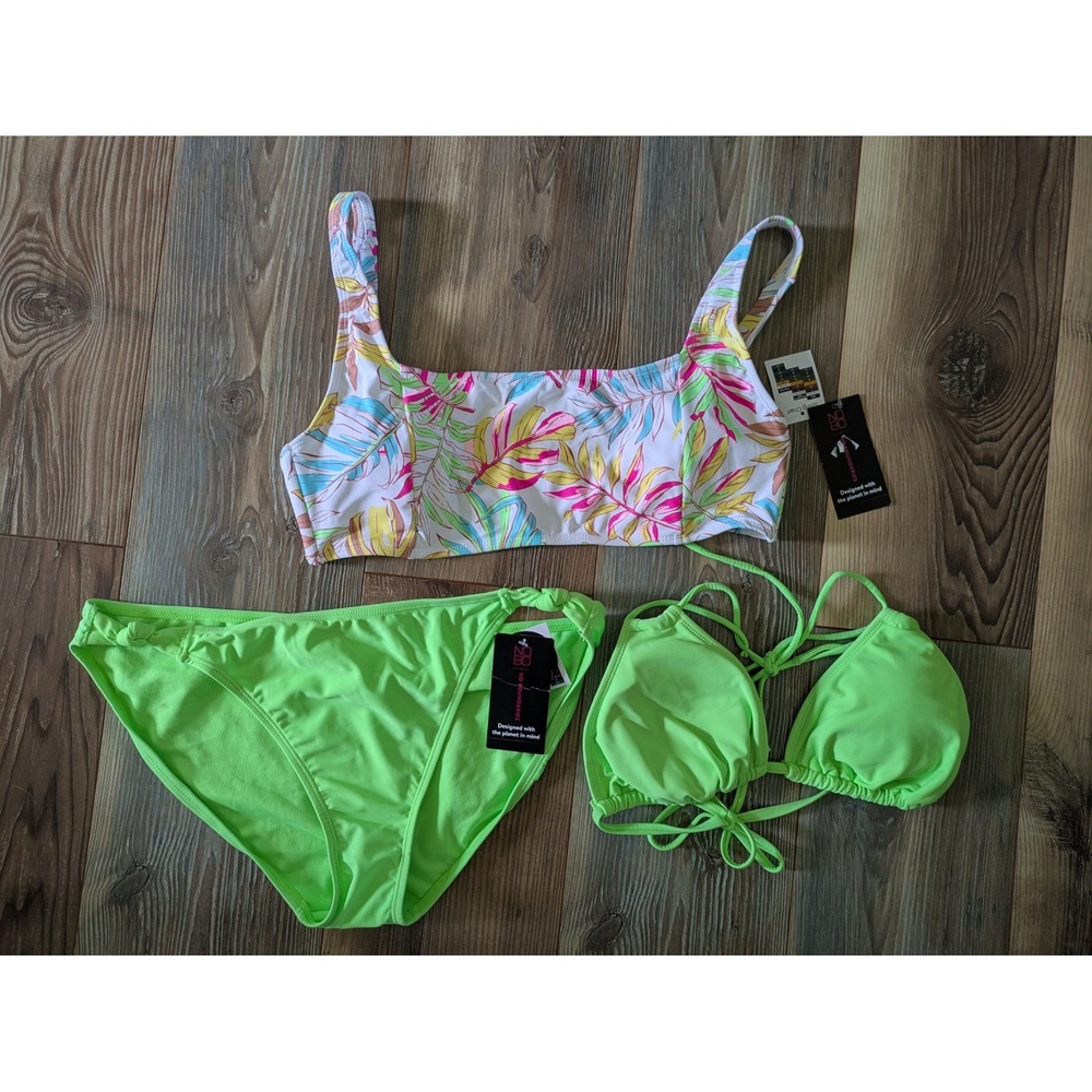 No Boundaries Neon Green & Floral 3-Piece Bikini Tops & Bottom Swim Bundle
